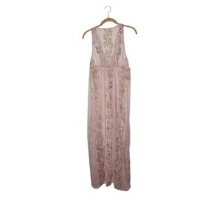 Pink Gold Floral Embroidered Sheer Maxi Cover Up Beach Resort Robe Coquette‎ S